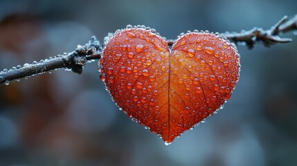 Obraz premium Heart-shaped frost-covered autumn leaf