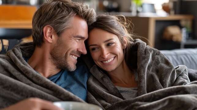 Warm Caring Couple Relaxing and Smiling Under a Cozy Blanket in a Comfortable Home Setting