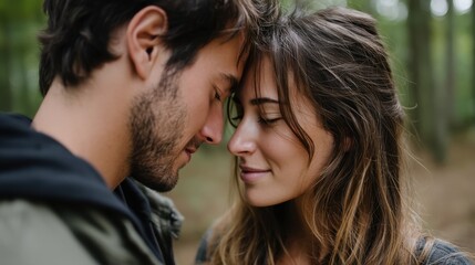 Fototapeta premium Close-up of Romantic Couple Touching Foreheads in Forest, Intimate Moment, Love, Connection