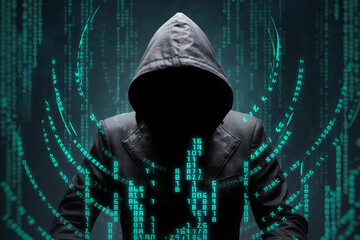 Anonymous figure in dark hooded jacket, overlaid with teal binary code, symbolizes hacking, cybersecurity, or digital anonymity