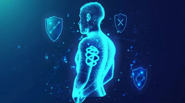 Rotating hologram of human figure with glowing DNA and shield icons