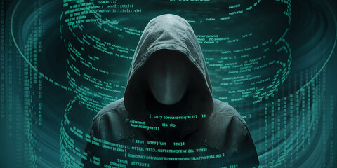 Hooded figure against teal code background, symbolizing cybersecurity, digital privacy, or hacking concept