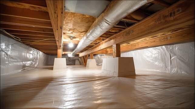 View of a crawl space with white plastic lining the ground and walls and wooden beams overhead inside
