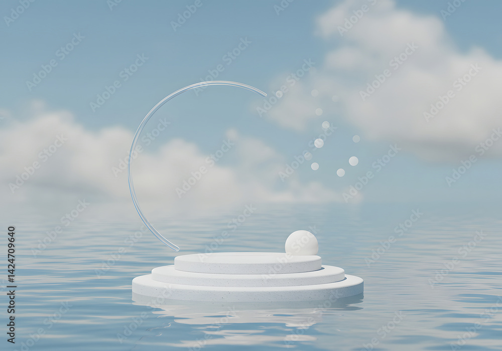 Poster minimalist presentation stage on water with spheres and sky background 3d render for product display