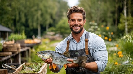 Smiling farmer holds fresh fish outdoors