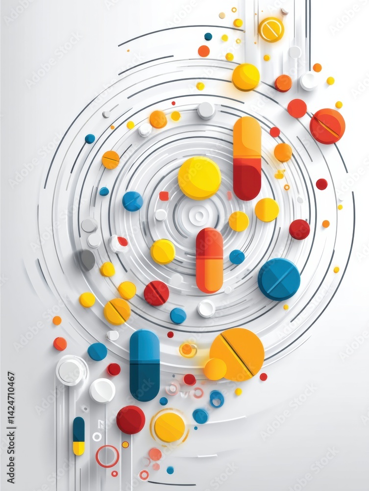 Aufkleber Bright Minimalistic Pills and Icons Create a Circular Motion Representing Health and Wellness in a Modern Design Setting
