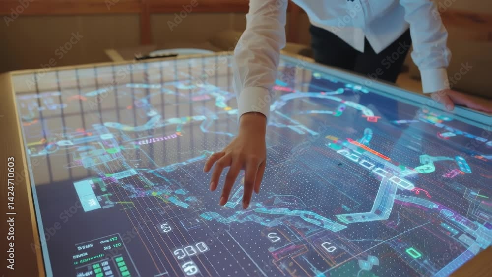 Poster asian female scientist examining colorful data displayed on futuristic interactive table in modern o