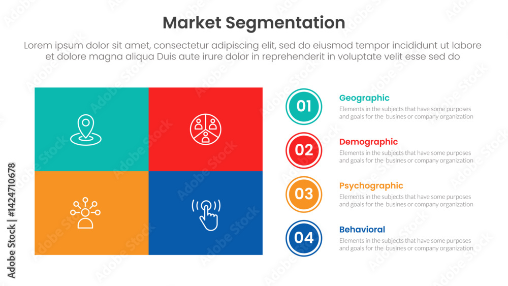 Poster market segmentation framework analysis infographic 4 point stage template with matrix structure big 