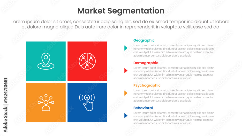 Poster market segmentation framework analysis infographic 4 point stage template with matrix structure with