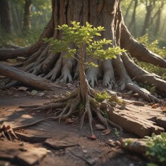 Fototapeta premium Tiny tree pushing through aged, weathered stump; sunlight highlights delicate leaves , spring, flora