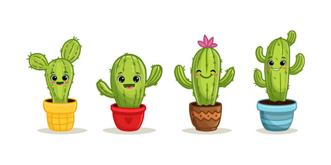 Set of cute cartoon cactus with eyes on the white background. Cactus in flat style for magazine, cards, games, books. Funny cacti. Vector illustration

