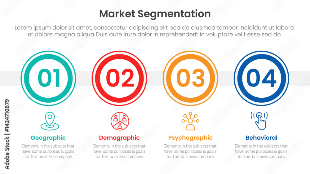Poster market segmentation framework analysis infographic 4 point stage template with big outline circle ho