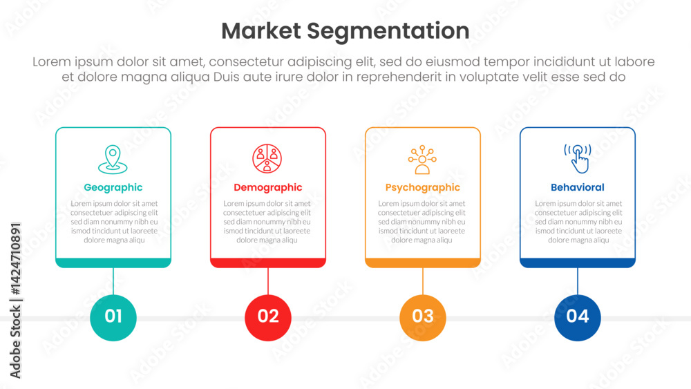 Poster market segmentation framework analysis infographic 4 point stage template with outline table box and