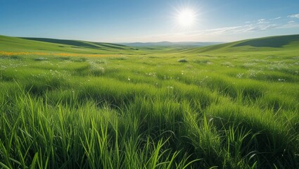 Lush green grassland stretches under a vibrant sky.