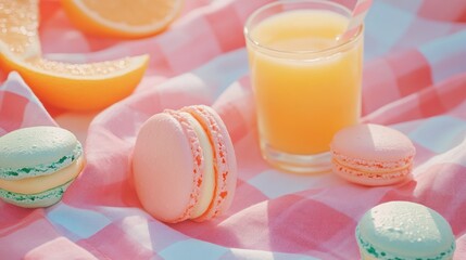 Vibrant pink picnic blanket with colorful macarons and orange juice.