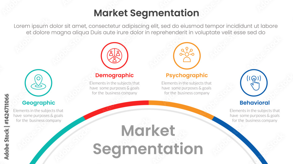 Poster market segmentation framework analysis infographic 4 point stage template with half circle bottom wi