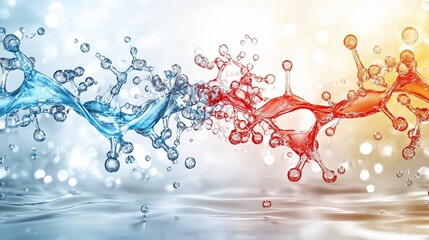 A dynamic depiction of blue and red liquid splashes colliding, of molecular structures, creating a vivid and energetic effect. The liquids  in motion, with droplets scattering in various directions.