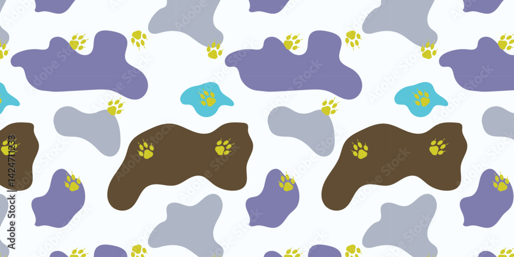 Aufkleber scatter seamless pattern with fox footprints and abstract fluid multi color for textile, wrapping, f