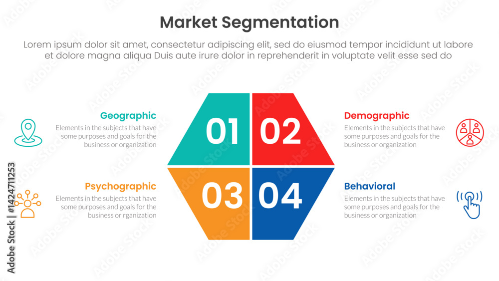 Aufkleber market segmentation framework analysis infographic 4 point stage template with hexagon slice on cent