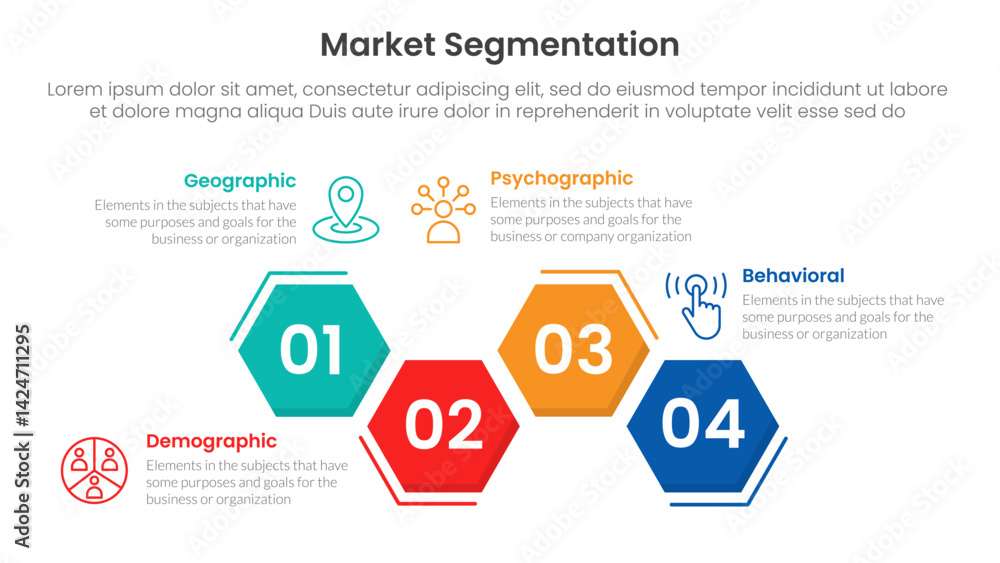Poster market segmentation framework analysis infographic 4 point stage template with hexagon unbalance up 