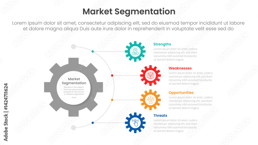 Poster market segmentation framework analysis infographic 4 point stage template with gear shape on half ci