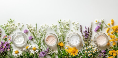Wildflowers surround a natural makeup blush, creating a perfect image for beauty blogs, cosmetic websites, organic skincare branding, or spring seasonal promotions
