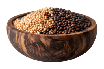 Closeup of assorted seeds in a wooden bowl