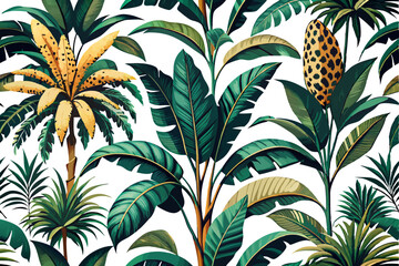 Tropical vintage botanical banana tree, leopard floral green palm leaves isolated on Transparent background. 