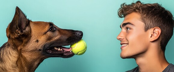 Tennis Ball Fun with Man and Dog - Humorous Photography for Pet Lovers, Blogs, Social Media, and Online Advertising