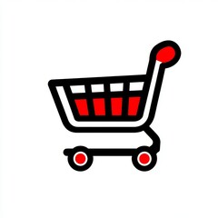 A white background features a red shopping cart icon symbolizing an e-commerce concept