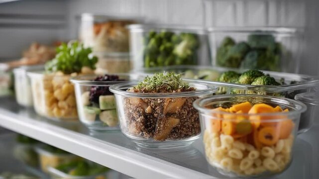 Transparent glass containers neatly holding fresh pasta, broccoli, sprouts, and chopped vegetables on refrigerator shelf, showcasing organized meal preparation for healthy living