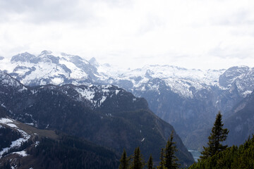 View of the snow-capped Alps mountains.