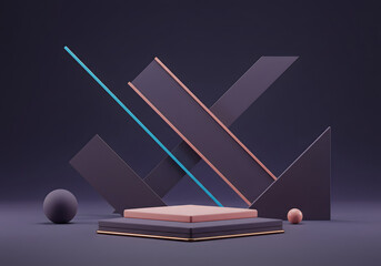 Abstract 3D Geometric Shapes Composition on a Dark Background, Minimalist Design, Platform, Podiums, Spheres, Triangles.