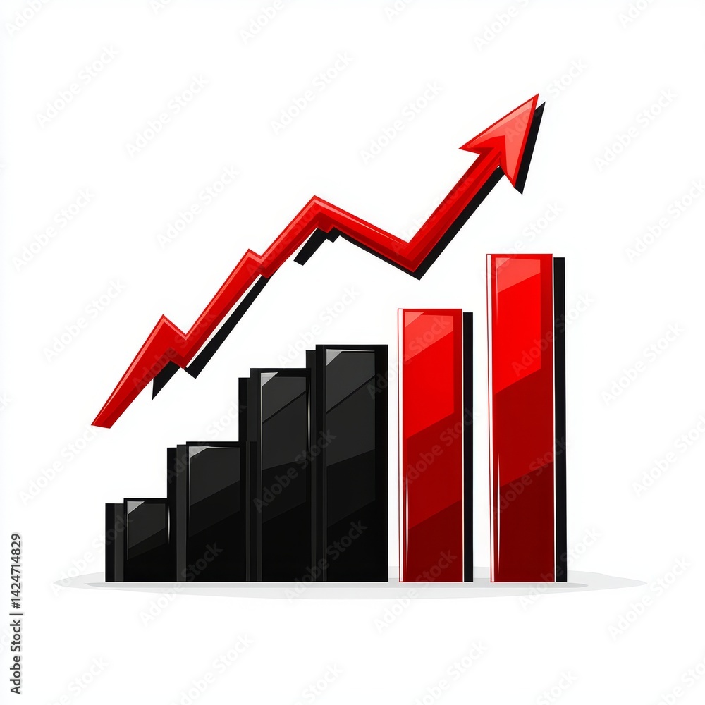 Poster a red bar graph icon set against a white background to illustrate increasing data