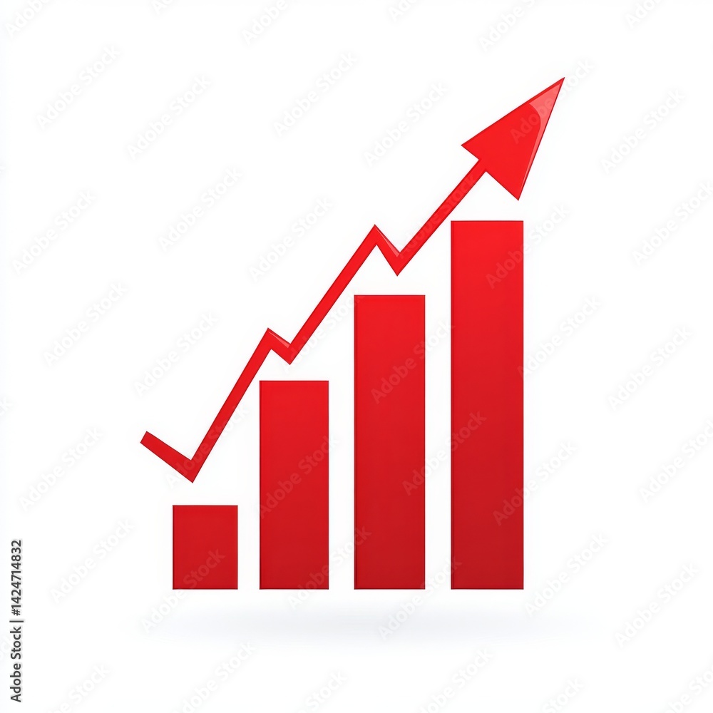 Poster red bar graph symbol on white background signifying growth in data