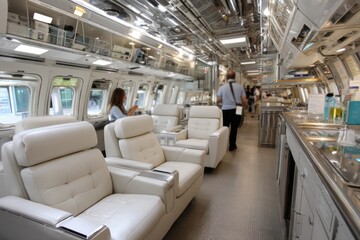 This elegant airplane cabin image highlights the comfy reclining chairs, providing travelers with a stylish and relaxing atmosphere for their journey.