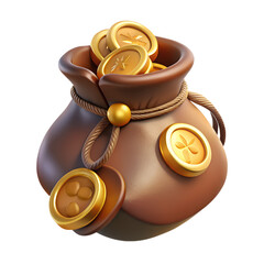 A leather pouch spilling a few silver gold coins with medieval insignia, drawn strings and a weathered look , medieval game 3d icon