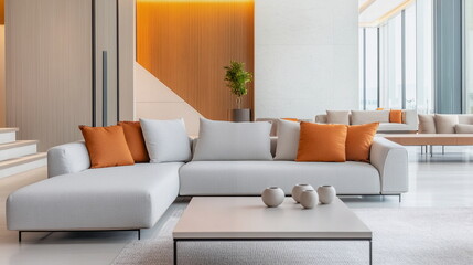 Modern minimalist living room with stylish furniture and decor  