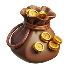 A leather pouch spilling a few silver gold coins with medieval insignia, drawn strings and a weathered look , medieval game 3d icon