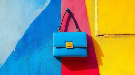 A chic blue bag stands out against a vibrant backdrop.
 