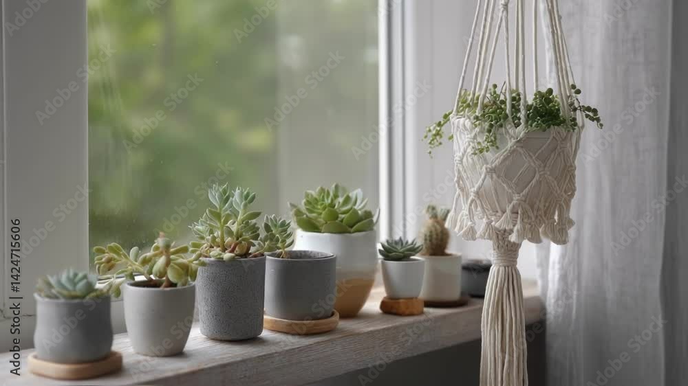 Aufkleber small potted succulents arranged on a window sill, basking in sunlight, accompanied by a hanging mac