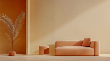 Modern sofa with decorative plant in warm minimalist setting  