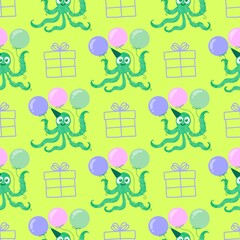 Summer ocean animals seamless octopus birthday pattern for wrapping paper and fabrics and linens and kids