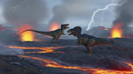 Two dinosaurs facing each other on a volcanic landscape with erupting volcanoes, lava streams, dramatic sky and a lightning strike - Powered by Adobe