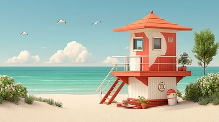 Orange and White Lifeguard Station on Sandy Beach Under a Bright Summer Sky