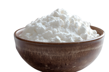 A wooden bowl filled with white granulated substance ideal for culinary and healthrelated con