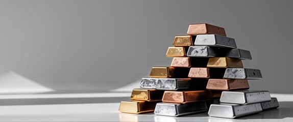 Stacked metal ingots of various precious and industrial metals.