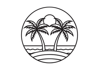 Palm tree silhouettes sign on sun beach, sunset on island, two palm and sun logo icon