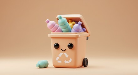 Cartoon Recycling Bin Overflowing with Pastel Plastic Bottles 3D Render in Kawaii Style Illustration