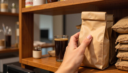 Hand reaching for beige coffee bag on wooden shelf